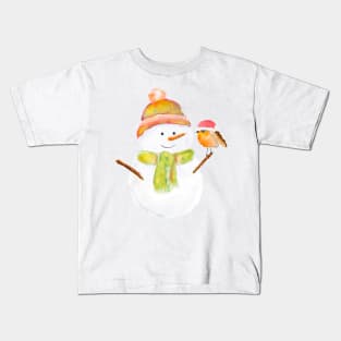 cute Christmas snowman and robin watercolor Kids T-Shirt